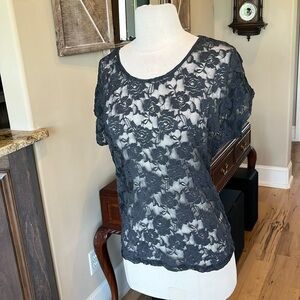 Lace Sheer Nylon Charcoal Top Womens Small Short Sleeve Sheer